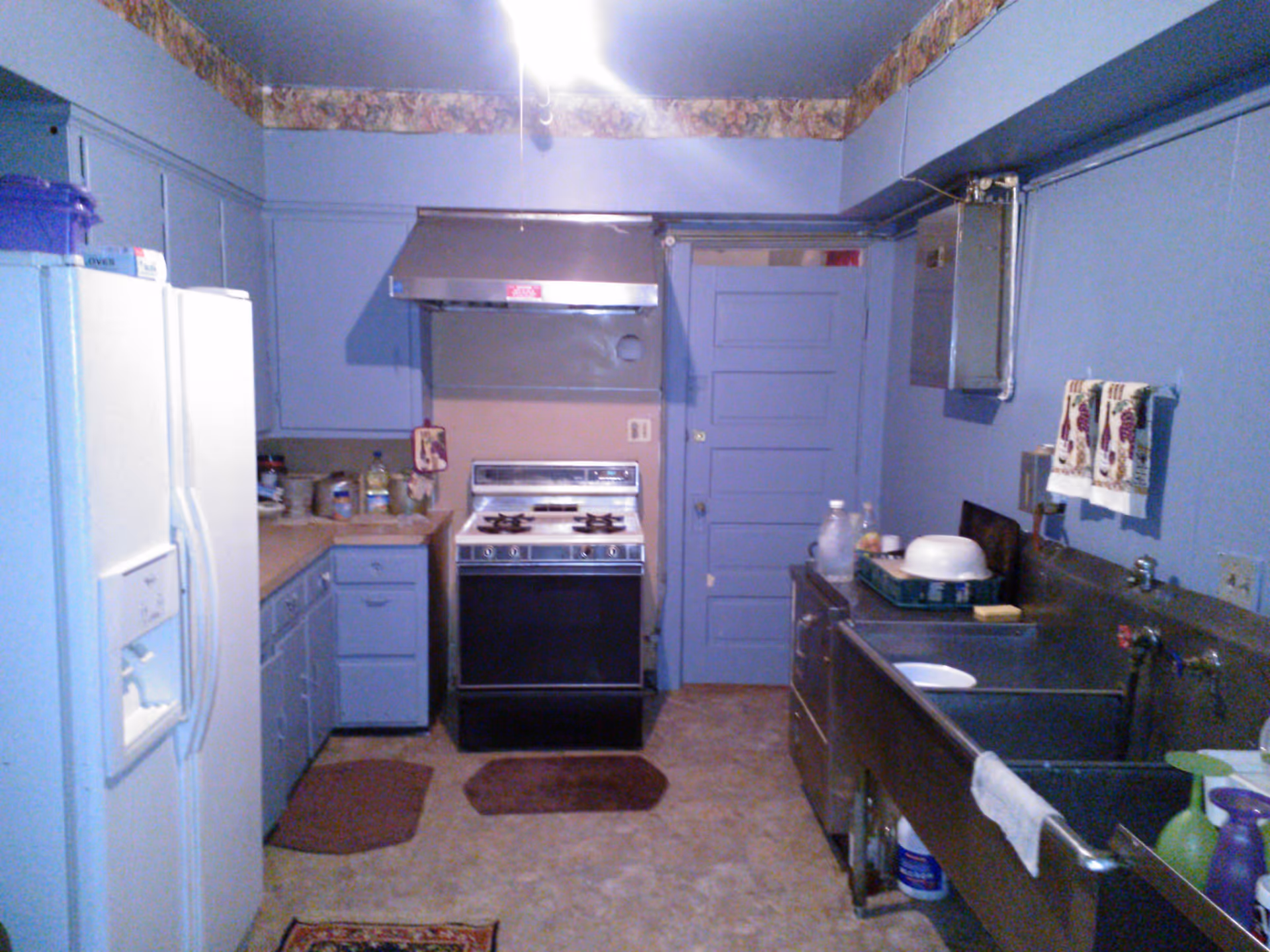 Interior view of a kitchen with blue walls and cabinets. The kitchen features a white refrigerator with an ice dispenser on the left, a stove with a metal hood in the center, and a large stainless steel sink on the right. Various kitchen items such as bottles, towels, and cleaning supplies are visible on the counters and sink area. The floor has small rugs placed near the stove and refrigerator.