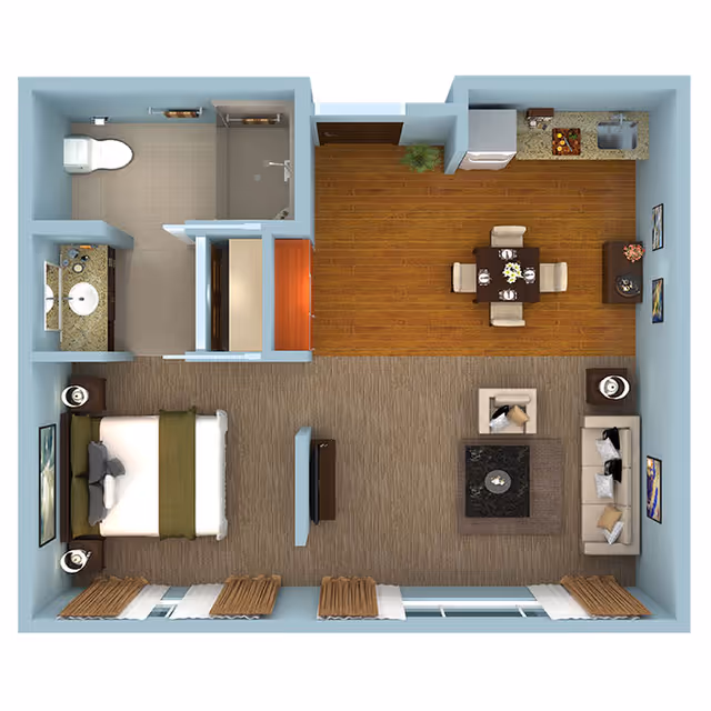 Top-down view of a one-bedroom apartment floor plan featuring a bedroom with a bed and nightstands, a bathroom with a toilet, shower, and sink, a living room with sofas and a coffee table, and a dining area with a table and chairs adjacent to a small kitchen area with a refrigerator and sink.