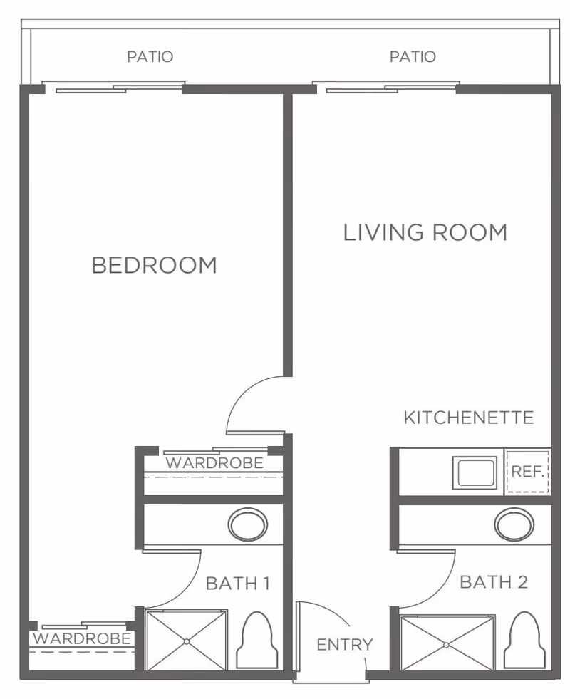 Architectural floor plan of a senior living unit at BridgePoint at Los Altos showing a bedroom with two wardrobes, a living room with a kitchenette including a refrigerator and microwave, two bathrooms labeled Bath 1 and Bath 2, an entry door, and two patios accessible from the bedroom and living room.