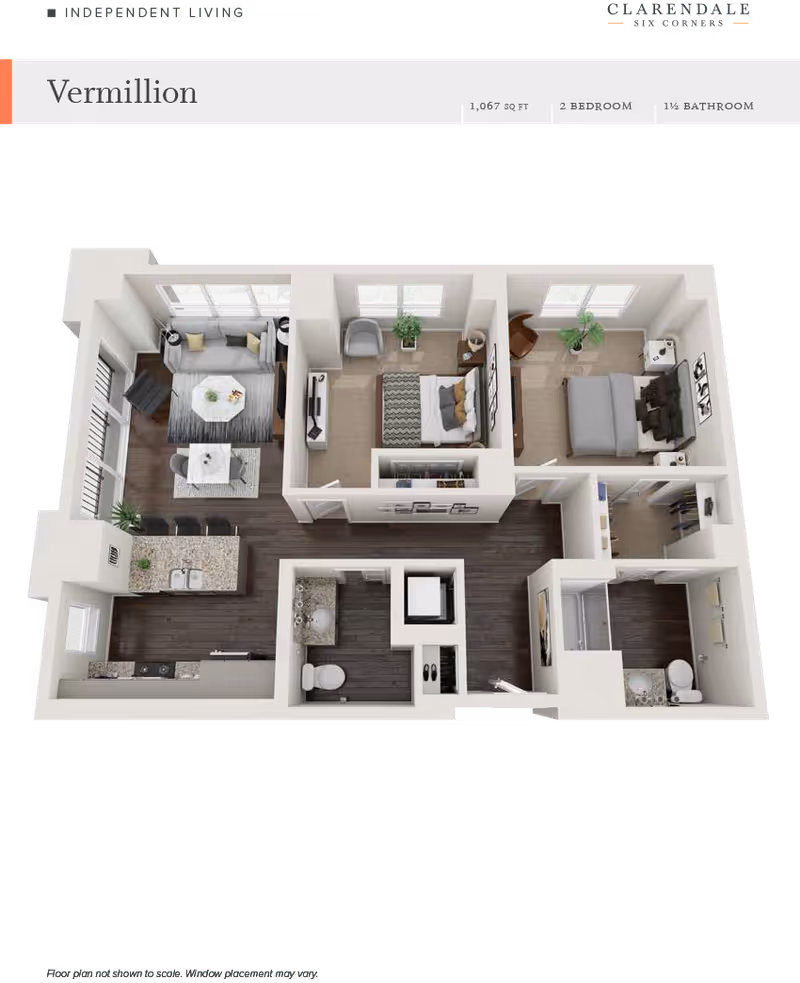 3D floor plan of Vermillion apartment at Clarendale Six Corners showing a 2-bedroom, 1.5-bathroom layout with living room, kitchen, dining area, and closets.