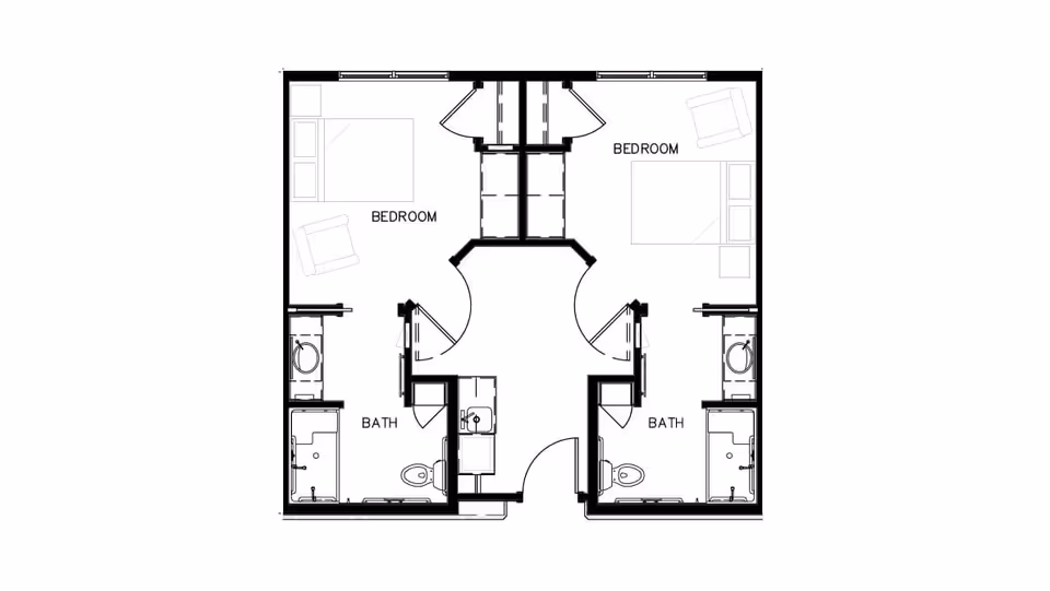 Architectural floor plan showing two adjacent bedrooms, each with a bed, chair, and attached bathroom including a toilet, sink, and shower.