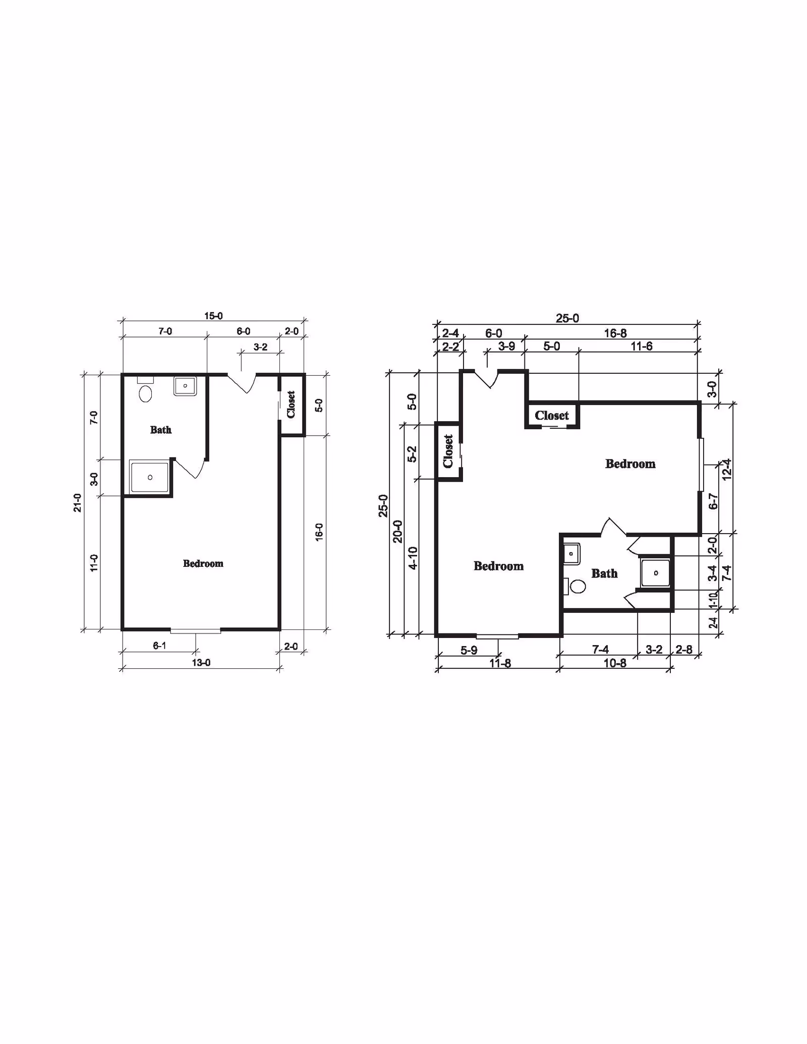 Architectural floor plan showing two apartment layouts. The left layout includes a bedroom, bathroom, and closet with dimensions marked. The right layout includes two bedrooms, two closets, and a bathroom with dimensions marked.