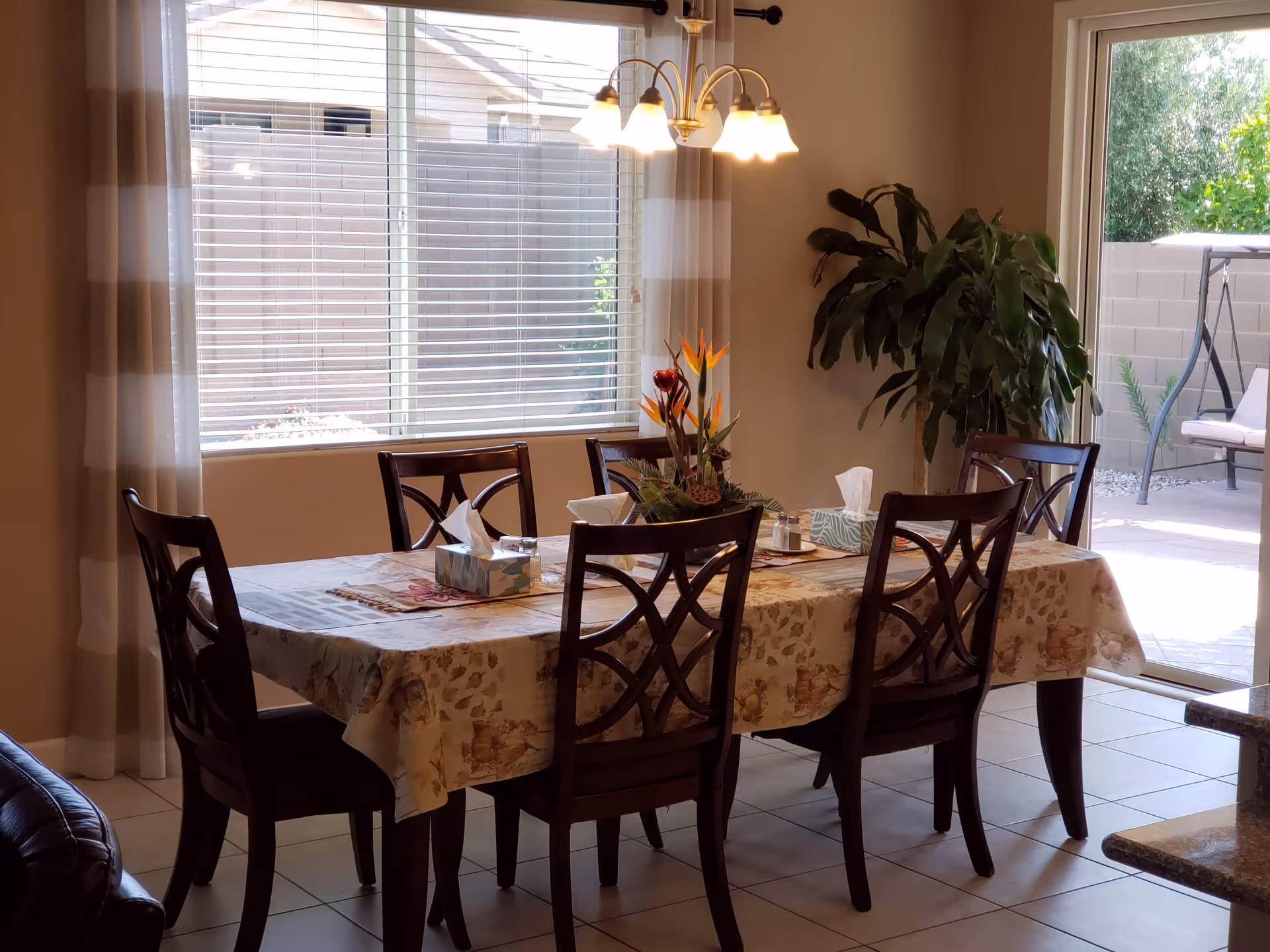 A dining room with a rectangular table covered with a floral tablecloth and surrounded by six wooden chairs. On the table are tissue boxes, a small decorative plant, and a salt and pepper set. A large window with white blinds and beige curtains lets in natural light. A hanging light fixture with multiple bulbs illuminates the table. There is a large green plant in the corner near a sliding glass door that opens to an outdoor patio with a swing seat.