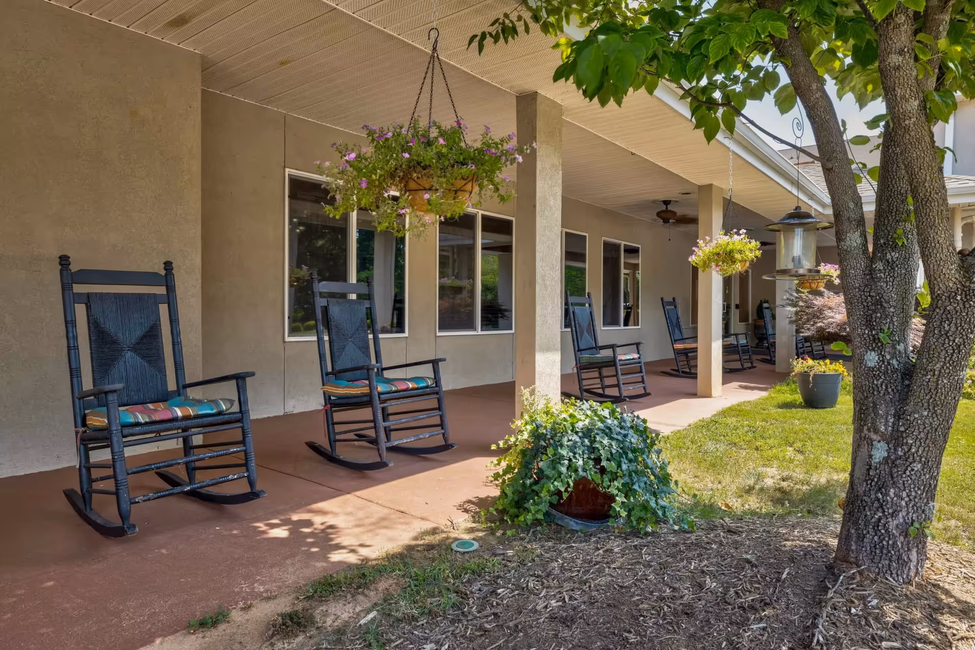 Covered outdoor patio area with several black rocking chairs with colorful cushions, hanging flower baskets, potted plants, and a tree in the foreground. The patio is attached to a building with multiple windows and ceiling fans.