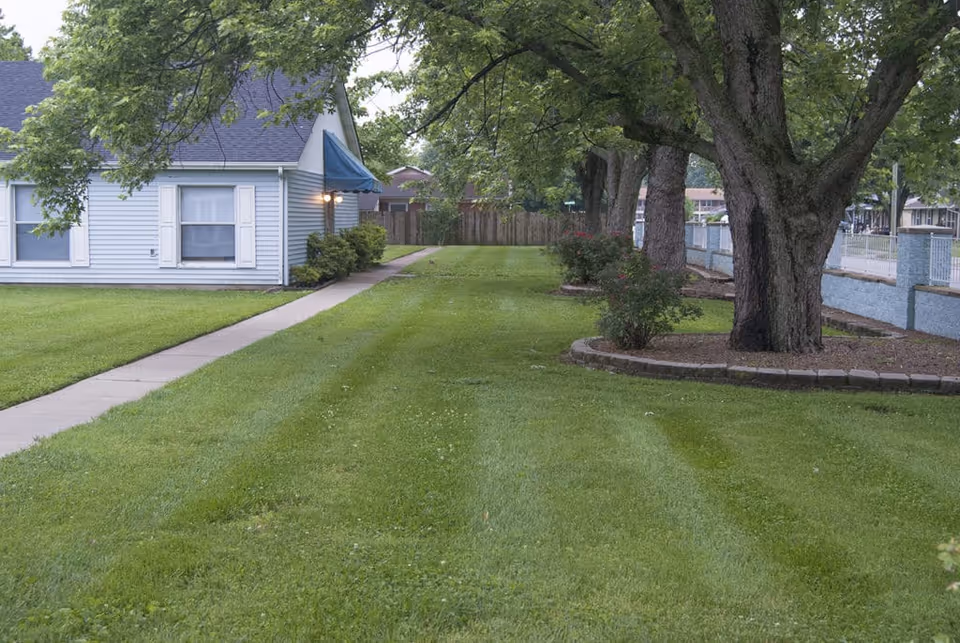 A well-maintained grassy yard with a concrete walkway leading to a light blue house with white shutters and a blue awning. Large trees and flower beds line the right side of the yard, and a fence is visible in the background.