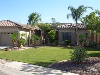 Single-story assisted living home with front yard, palm trees, and desert landscaping.