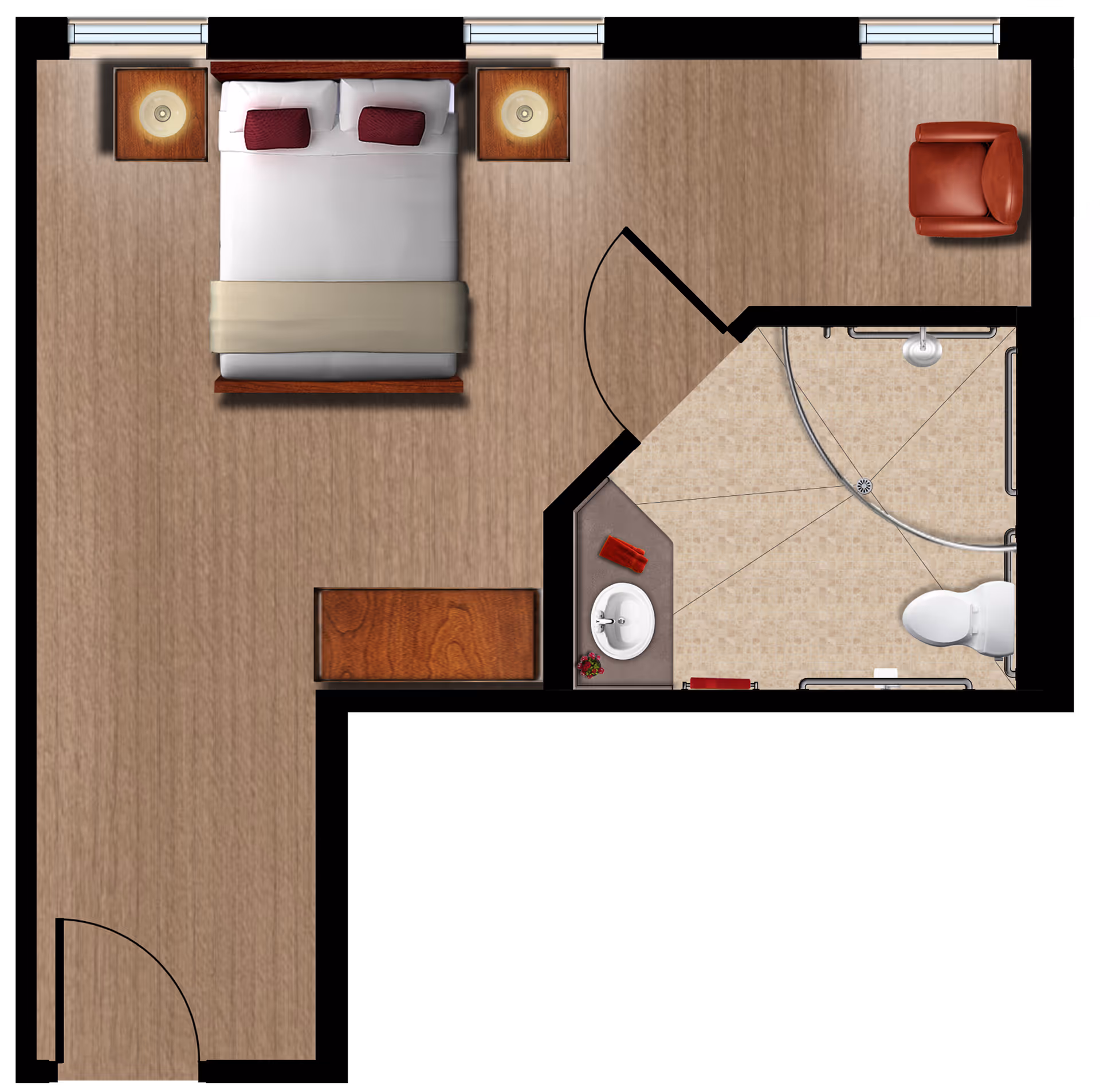 Top-down floor plan of a bedroom and bathroom suite. The bedroom features a double bed with two pillows and a blanket, two nightstands with lamps, a dresser, and a red armchair in the corner. The bathroom includes a sink with a countertop, a toilet, and a curved shower with a glass door. The flooring in the bedroom is wood, while the bathroom has tiled flooring.