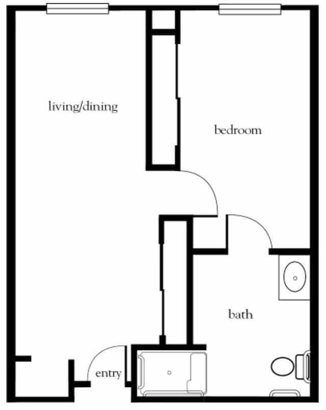 Black and white floor plan of a one-bedroom apartment showing labeled areas for living/dining, bedroom, bath, and entry. The bath includes a bathtub, toilet, and sink.