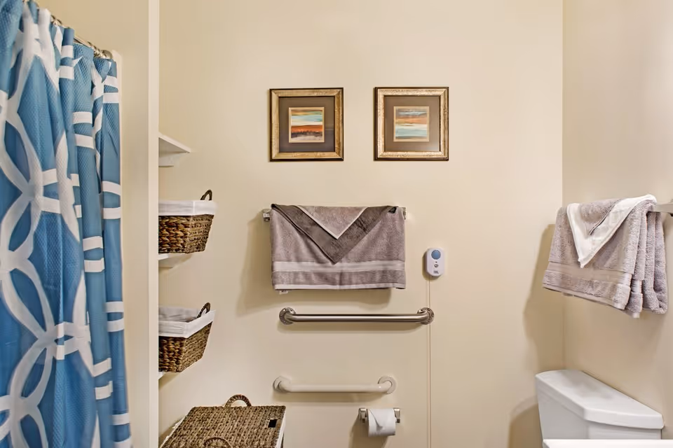 Accessible bathroom with a blue patterned shower curtain, grab bars, towels, wicker baskets, and a toilet.