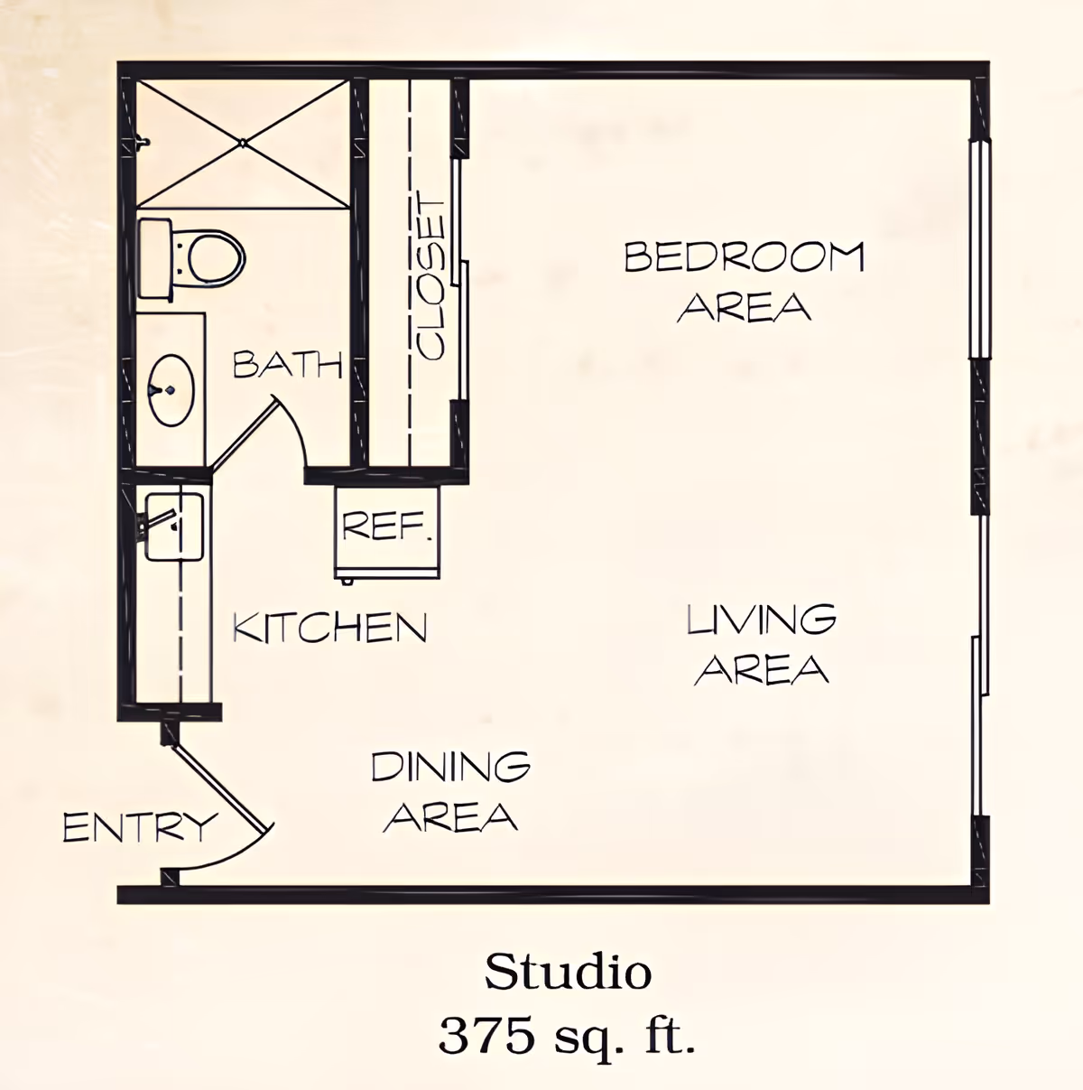 Floor plan of a studio apartment at Summerfield Estates Retirement Community showing an entry, kitchen with refrigerator, bath, closet, dining area, living area, and bedroom area, totaling 375 square feet.