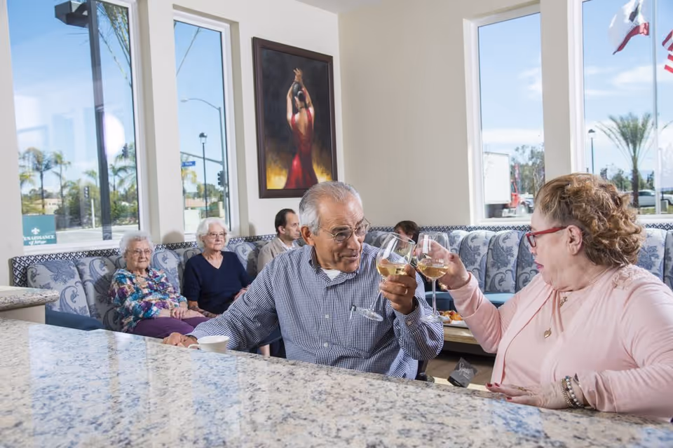 Two elderly people sitting at a granite countertop in a bright room with large windows, clinking glasses of white wine. In the background, three other elderly people sit on a patterned bench along the wall. A painting of a woman in a red dress hangs on the wall behind them.