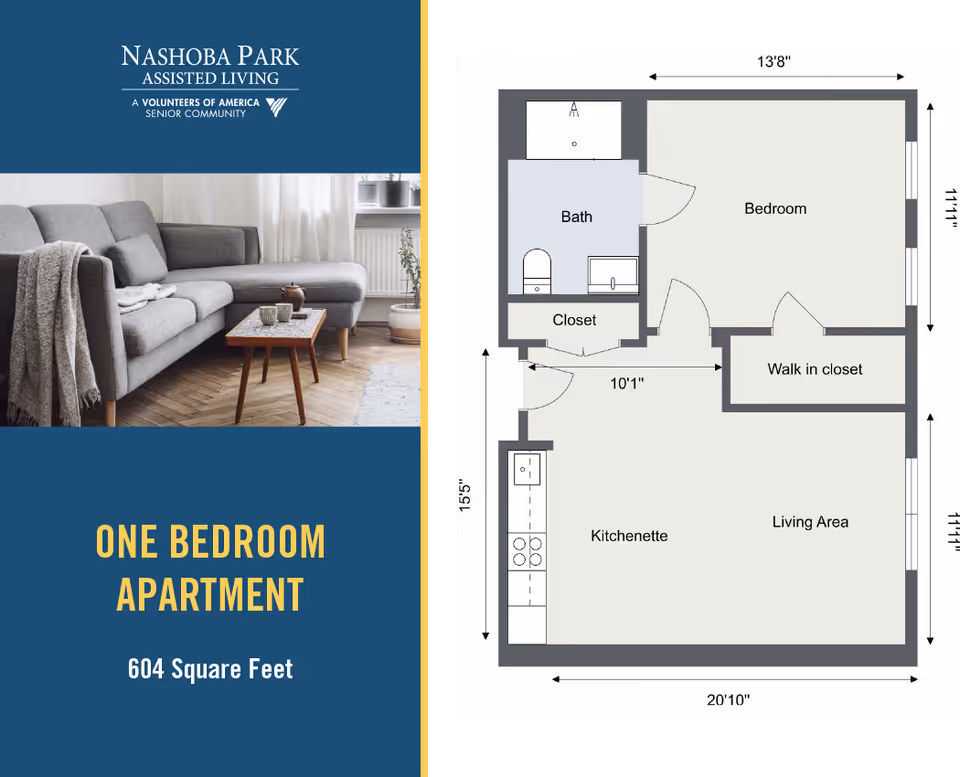 Floor plan of a one bedroom apartment at Nashoba Park Assisted Living showing a bedroom, bath, closet, walk-in closet, kitchenette, and living area with dimensions. The left side of the image has a photo of a gray sectional sofa with a wooden coffee table and a cozy throw blanket, along with text indicating the apartment size of 604 square feet.
