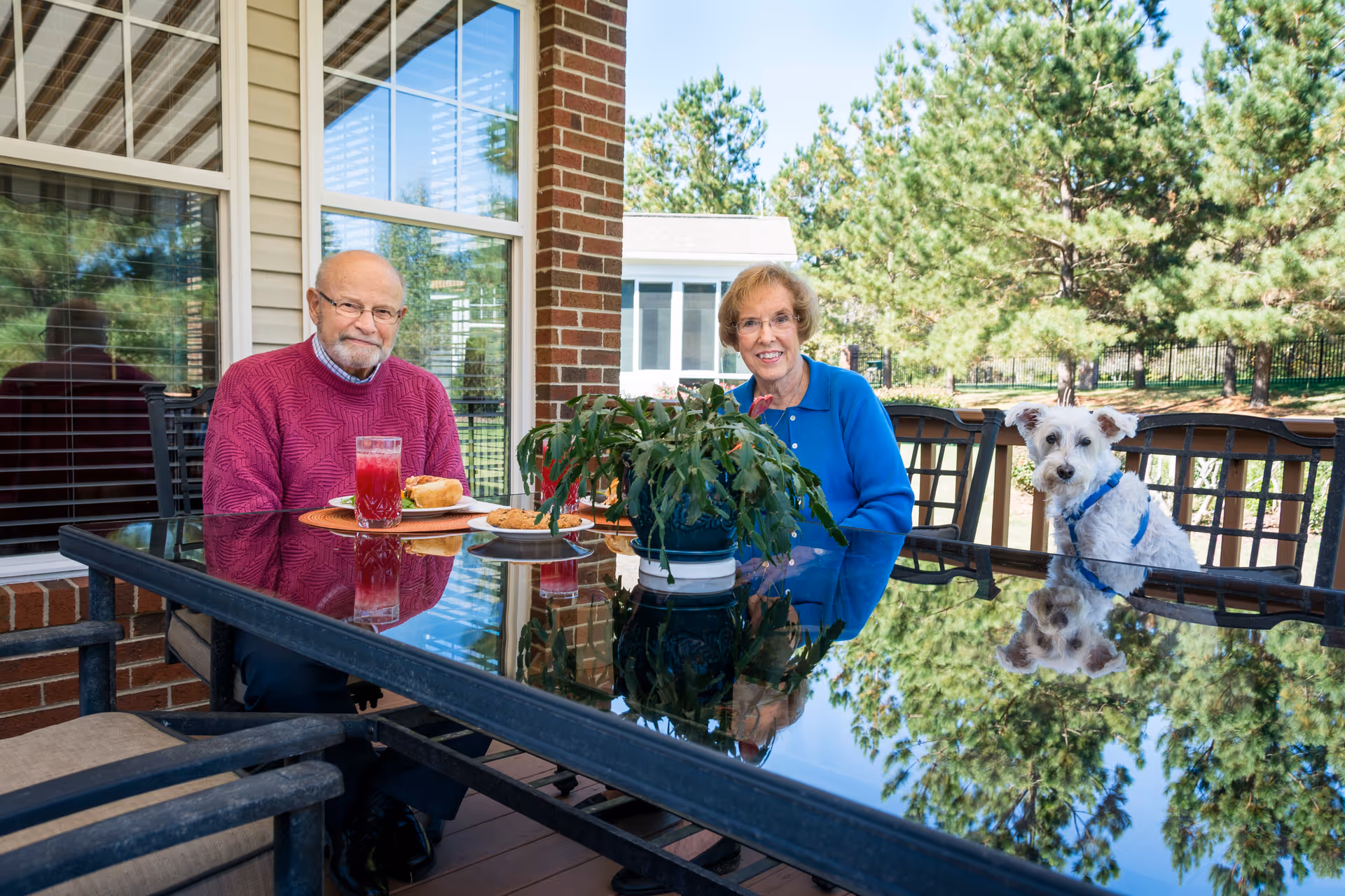 An older man and woman with a small white dog sit at a glass-top patio table outdoors with snacks and trees in the background.
