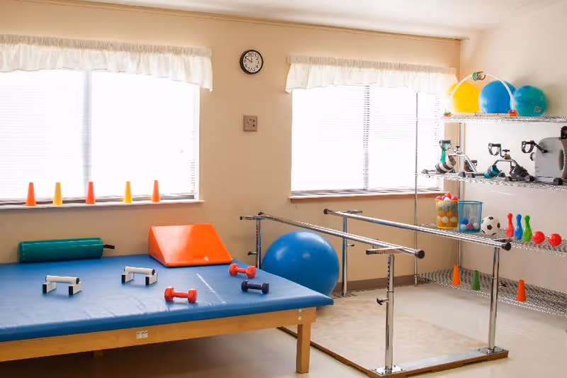 A bright therapy room with a padded blue exercise table holding small dumbbells and push-up bars. There are two large windows with white curtains letting in natural light. A blue exercise ball and parallel bars for walking exercises are also visible. Shelves on the right hold various exercise and therapy equipment including colorful balls, cones, and weights.