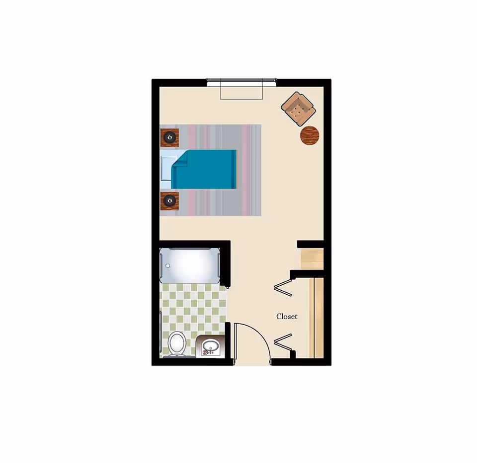 Top-down floor plan of a studio room showing a bed with nightstands, a seating area, a closet, and an adjacent bathroom with tub and toilet.