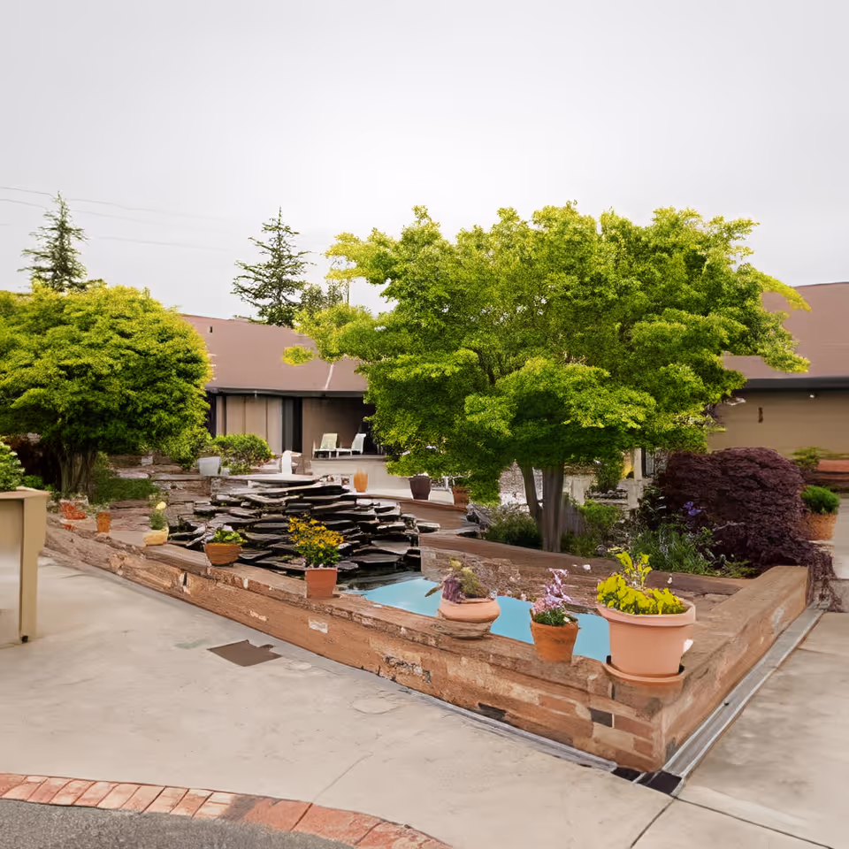 Outdoor courtyard area with a small stone water feature surrounded by potted plants and greenery. There are trees and shrubs around the courtyard, and a building with a brown roof is visible in the background.