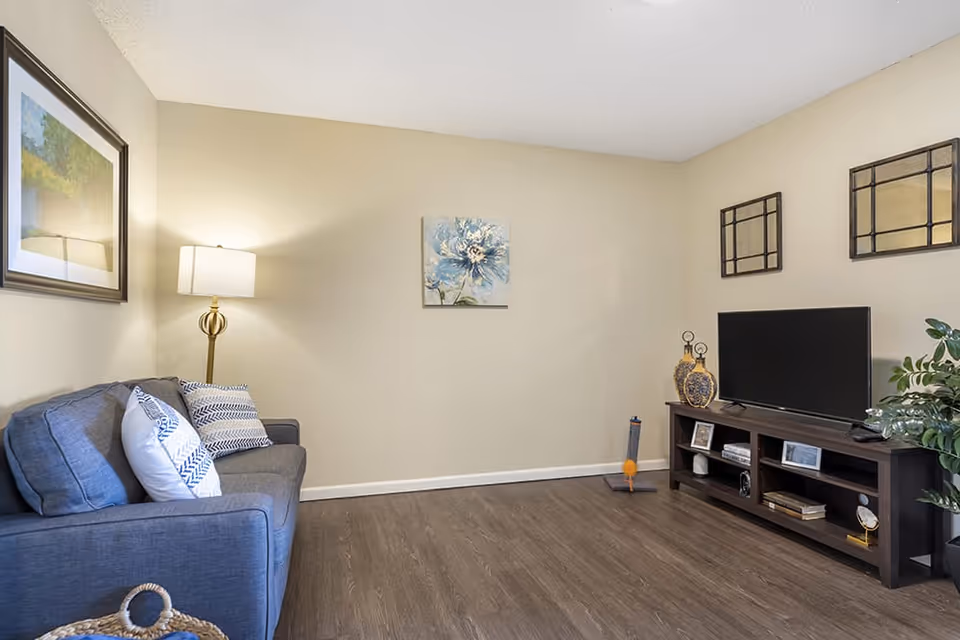 A cozy living room with a gray couch adorned with patterned pillows, a floor lamp beside it, a TV on a dark wooden stand with decorative items and framed photos, two square wall mirrors above the TV, a blue floral painting on the wall, and a potted plant on the right side.
