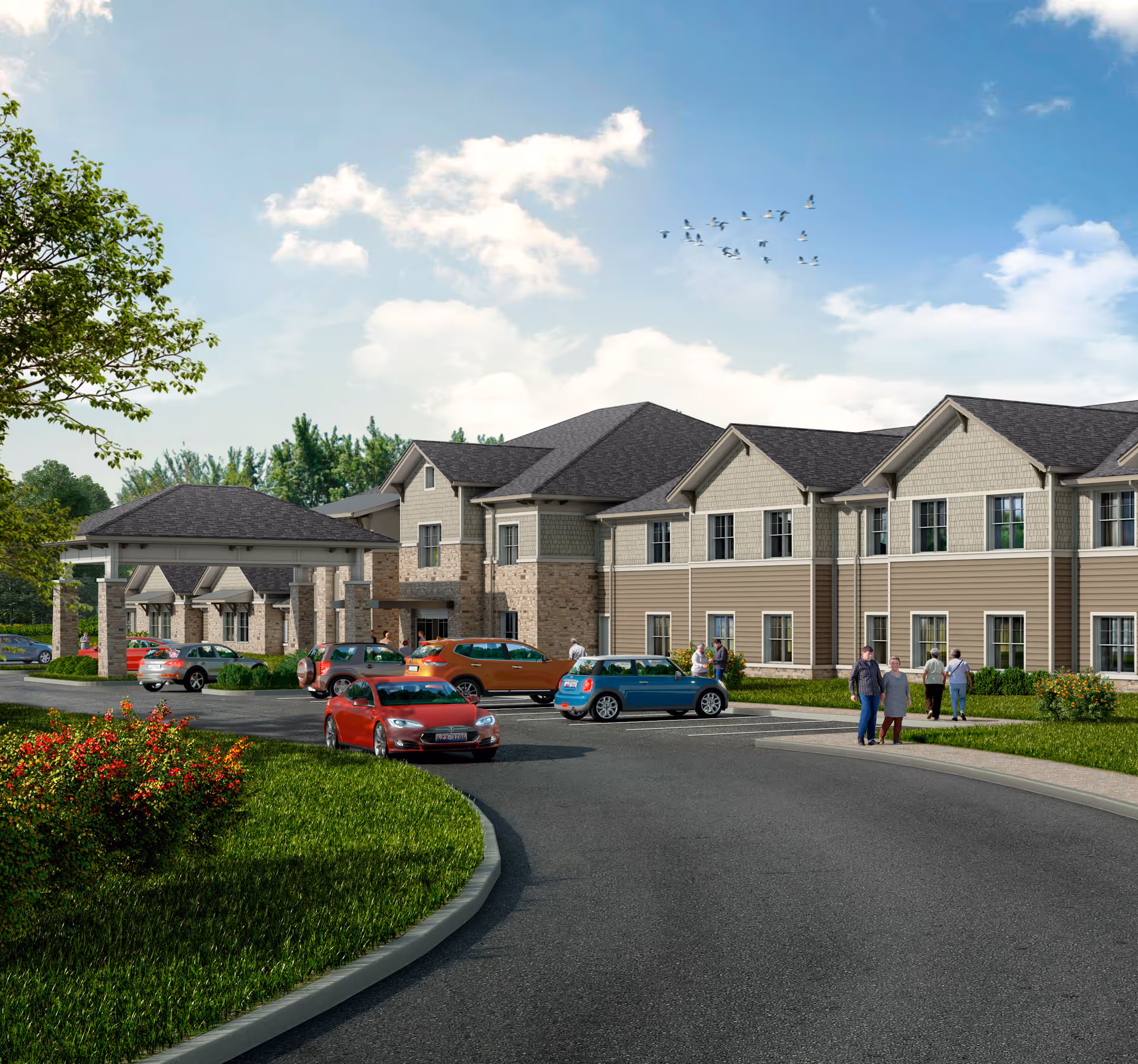 Exterior view of a senior living facility named Revela at O'Fallon Senior Living, showing a two-story building with beige and stone facade, several parked cars, a covered entrance, green lawns, trees, and a few people walking near the entrance under a partly cloudy sky with birds flying.