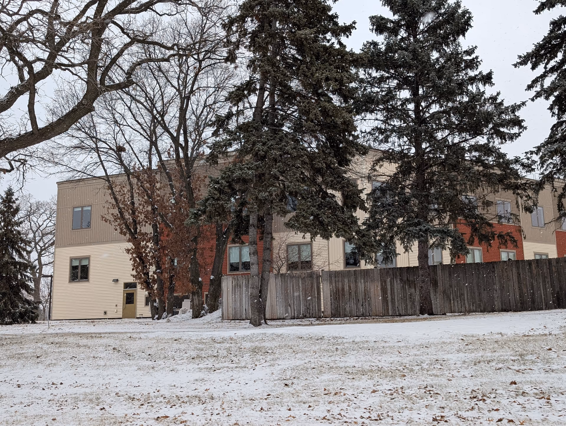 Exterior view of a multi-story building partially obscured by tall evergreen and leafless trees. The ground is covered with a light layer of snow, and a wooden fence runs along the side of the building. The sky is overcast with snowflakes falling.