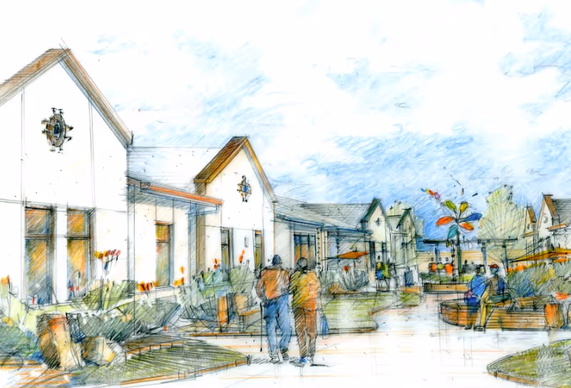 Artistic sketch of an outdoor courtyard area at The Cottages of Tucson featuring several buildings with pitched roofs, landscaped greenery, and people walking and sitting on benches under a partly cloudy sky.