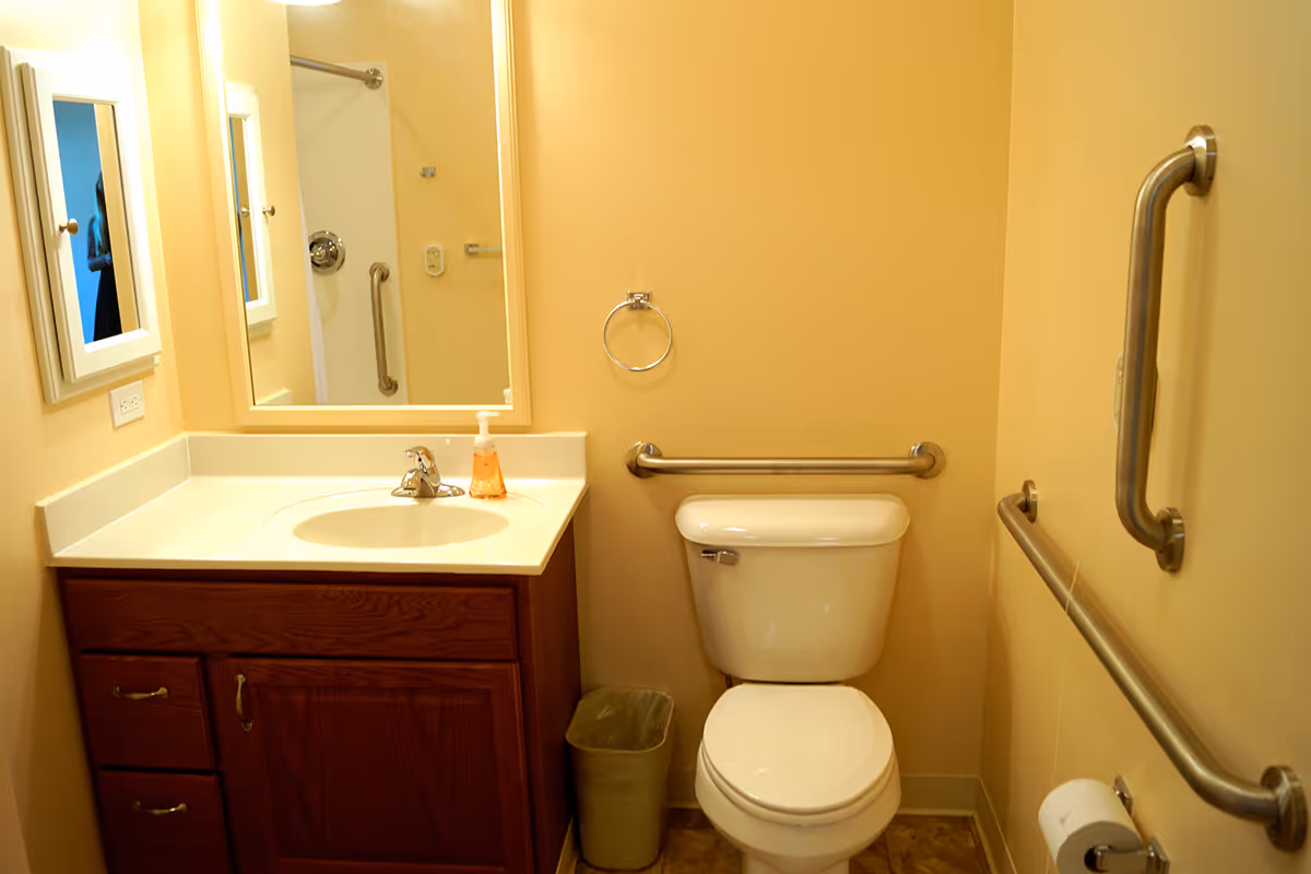 A small bathroom with beige walls featuring a white toilet with grab bars on the walls around it, a wooden vanity with a white countertop and sink, a mirror above the sink, a soap dispenser, a towel ring, and a small trash can on the floor.