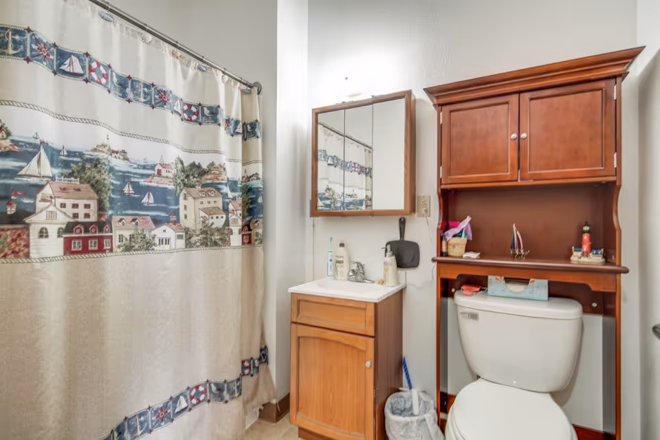 A bathroom with a shower curtain featuring a nautical village scene, a wooden vanity with a sink, a mirrored medicine cabinet above the sink, and a toilet with a wooden cabinet above it holding various small items.