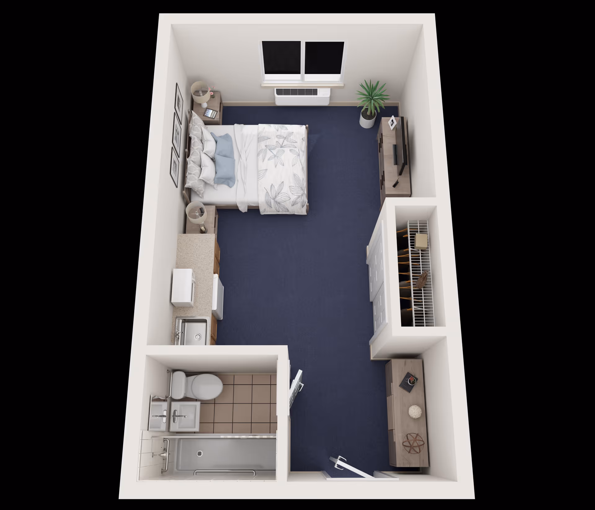 3D floor plan of a small studio apartment featuring a bed with pillows and a blanket, two nightstands with lamps, a window with a heater below it, a TV on a stand, a closet with hanging clothes, a small kitchenette with a sink and microwave, and a bathroom with a toilet, sink, and bathtub.