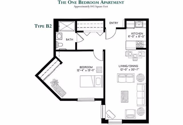 Floor plan of a one-bedroom apartment approximately 845 square feet, labeled Type B2. It includes a bedroom measuring 12 feet 4 inches by 13 feet 11 inches, a bathroom, a kitchen measuring 6 feet by 8 feet, and a combined living and dining area measuring 12 feet by 20 feet 7 inches. The layout shows furniture placement and entry points.
