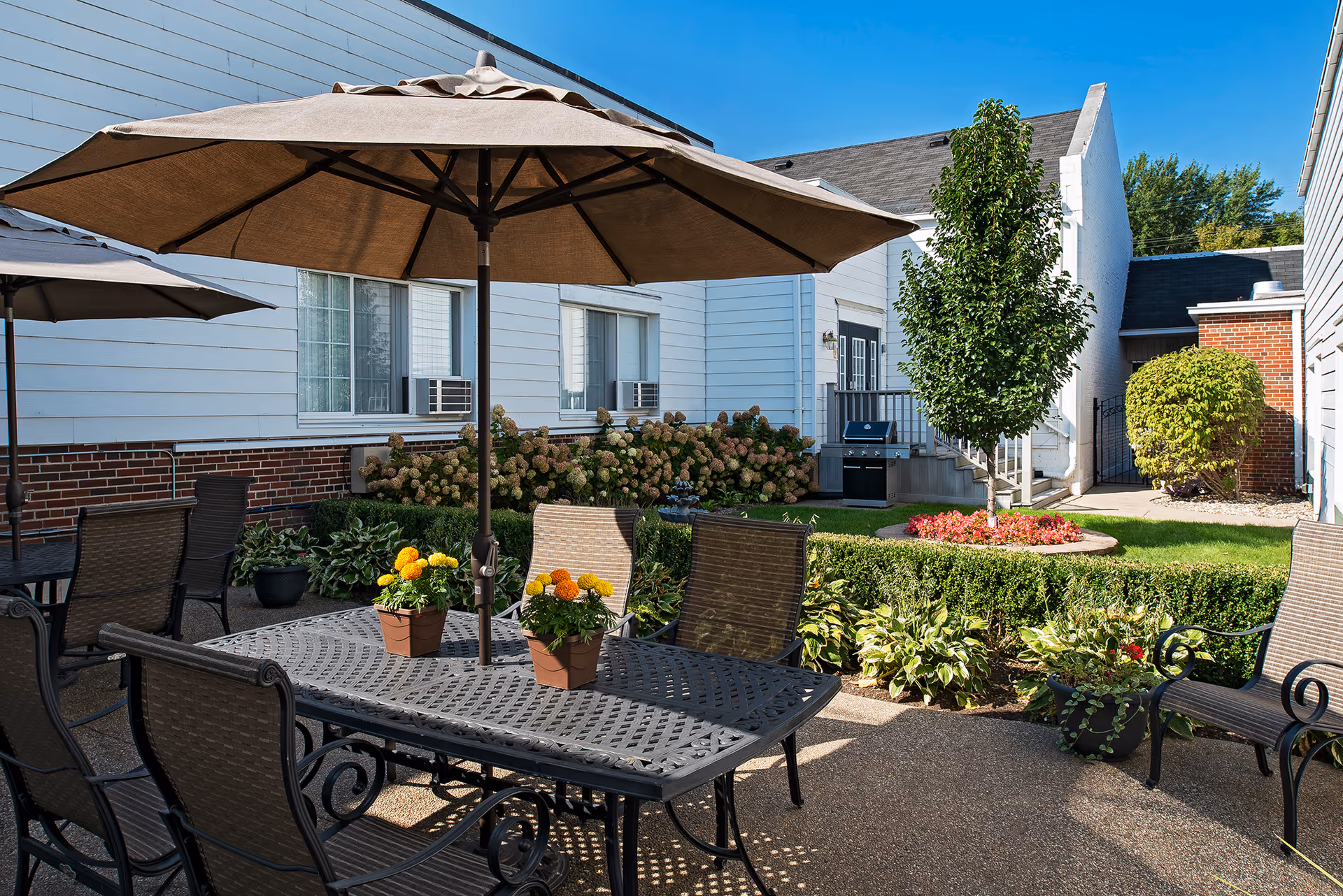 Outdoor patio area at American House Elmwood with metal tables and chairs under large beige umbrellas, potted flowers on the tables, manicured bushes, a small tree, and a barbecue grill near the building. The building exterior is white with brick accents and windows with air conditioning units.