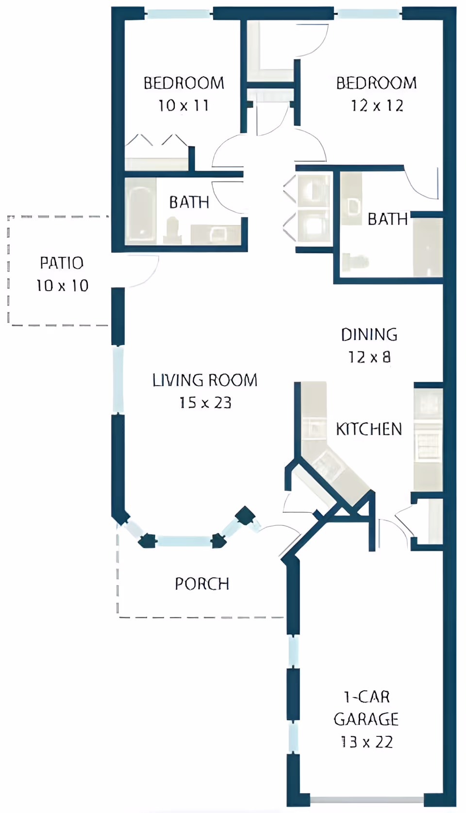 Floor plan showing two bedrooms, two bathrooms, a living room, dining area, kitchen, porch, patio, and a one-car garage.