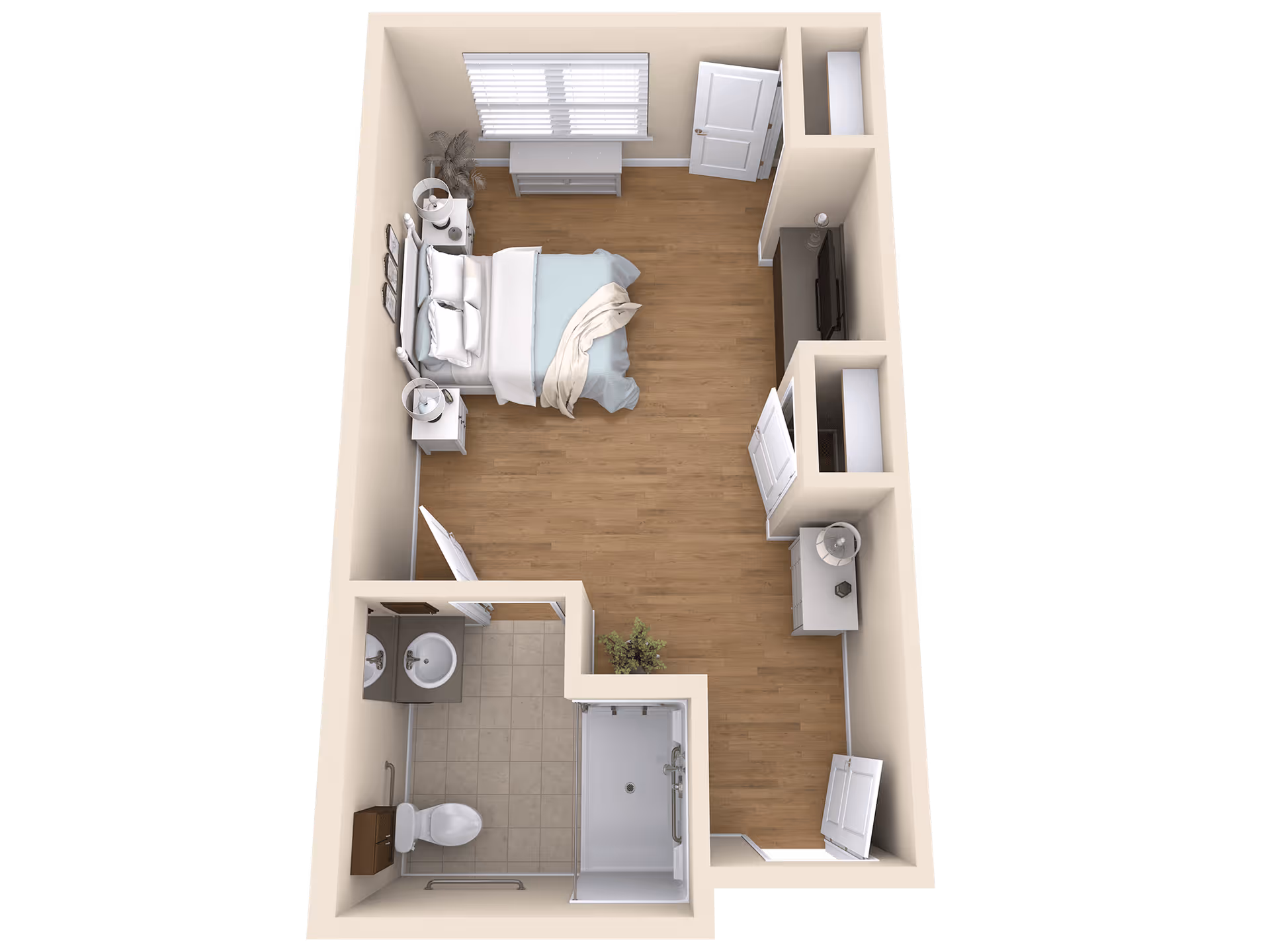 3D floor plan of a senior living studio apartment featuring a bedroom area with a bed, two nightstands, a dresser, and a TV. The apartment includes a bathroom with a toilet, sink, and shower. The flooring is wood in the main area and tile in the bathroom.