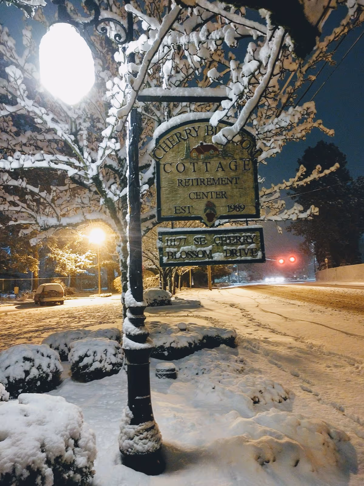 A snowy nighttime scene featuring a street lamp and a wooden sign for Cherry Blossom Cottage Retirement Center, with snow-covered bushes and trees lining a snow-covered road.