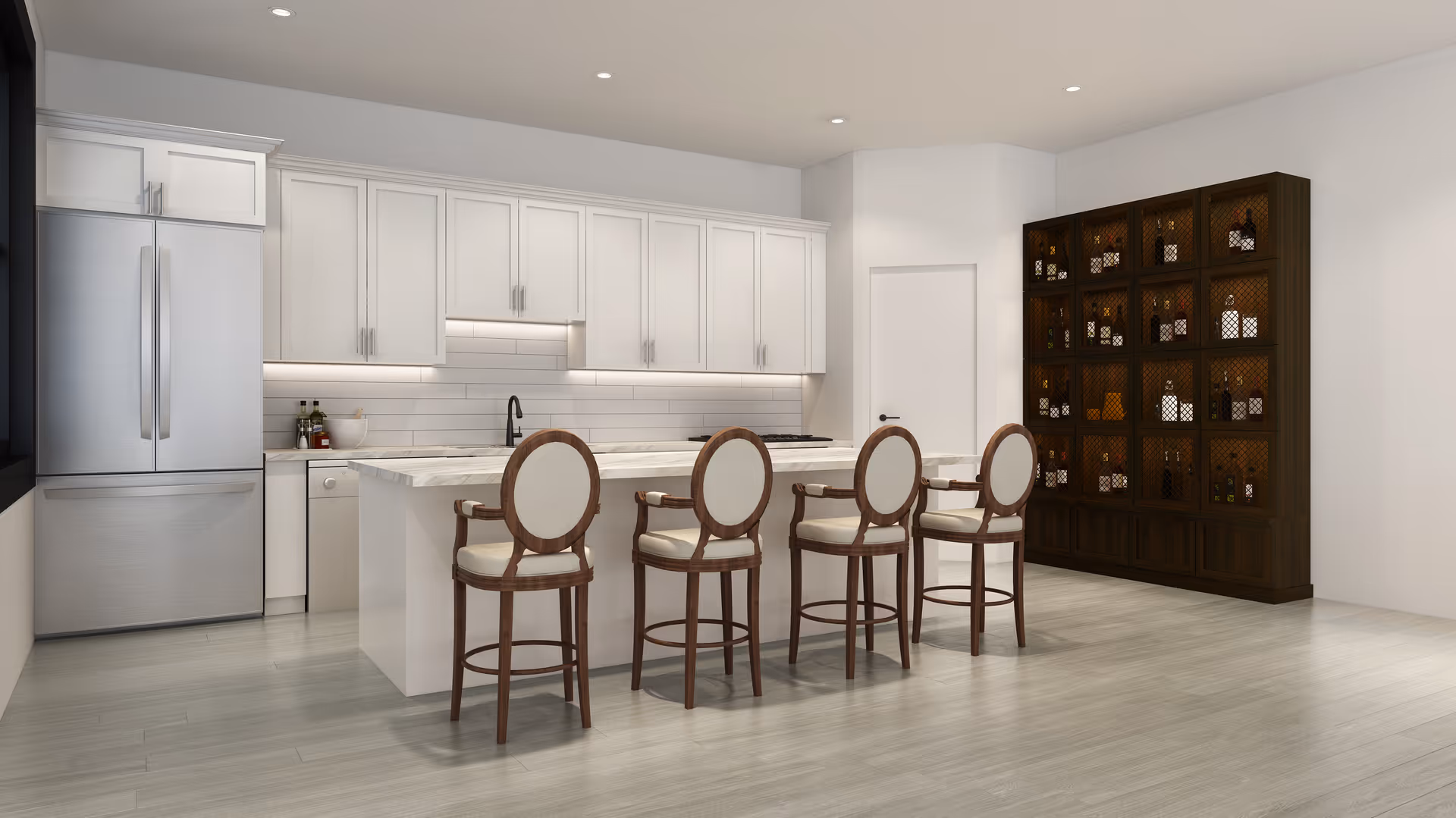 Modern kitchen with white cabinetry, a large marble island with four wooden chairs with cushioned seats, stainless steel refrigerator, dishwasher, and a dark wooden cabinet with glass doors displaying bottles.