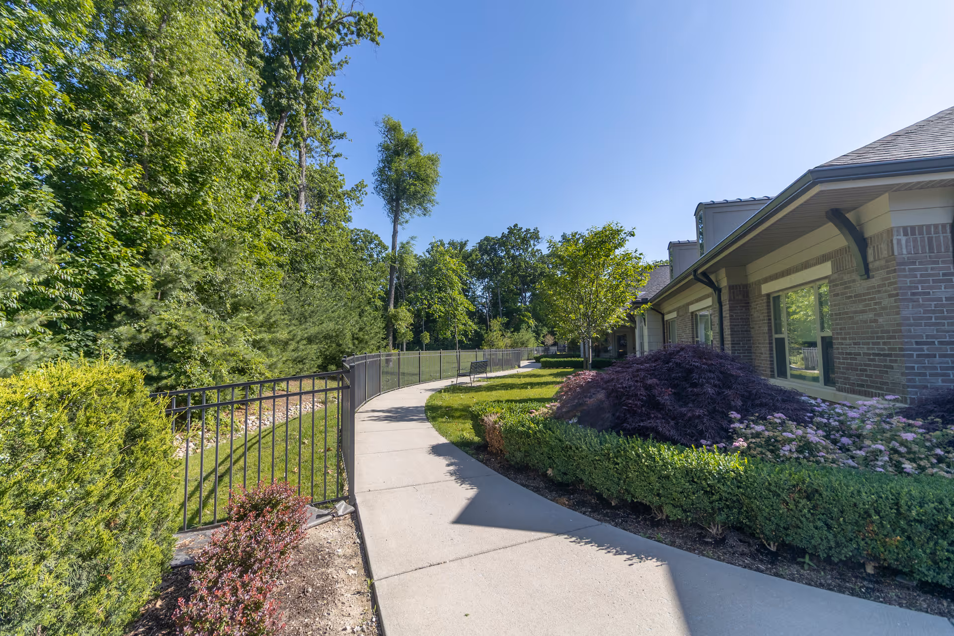 A sunny outdoor pathway curves alongside a building with brick walls and large windows. The path is bordered by well-maintained bushes, small trees, and a black metal fence. Tall green trees and a clear blue sky are visible in the background.