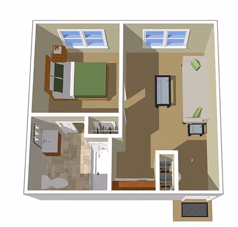 3D floor plan of a small apartment with a bedroom containing a bed and nightstand, a bathroom with a toilet, sink, and shower, and a living room with a sofa, coffee table, and side table. There are windows in the bedroom and living room, and a small entryway with a closet.
