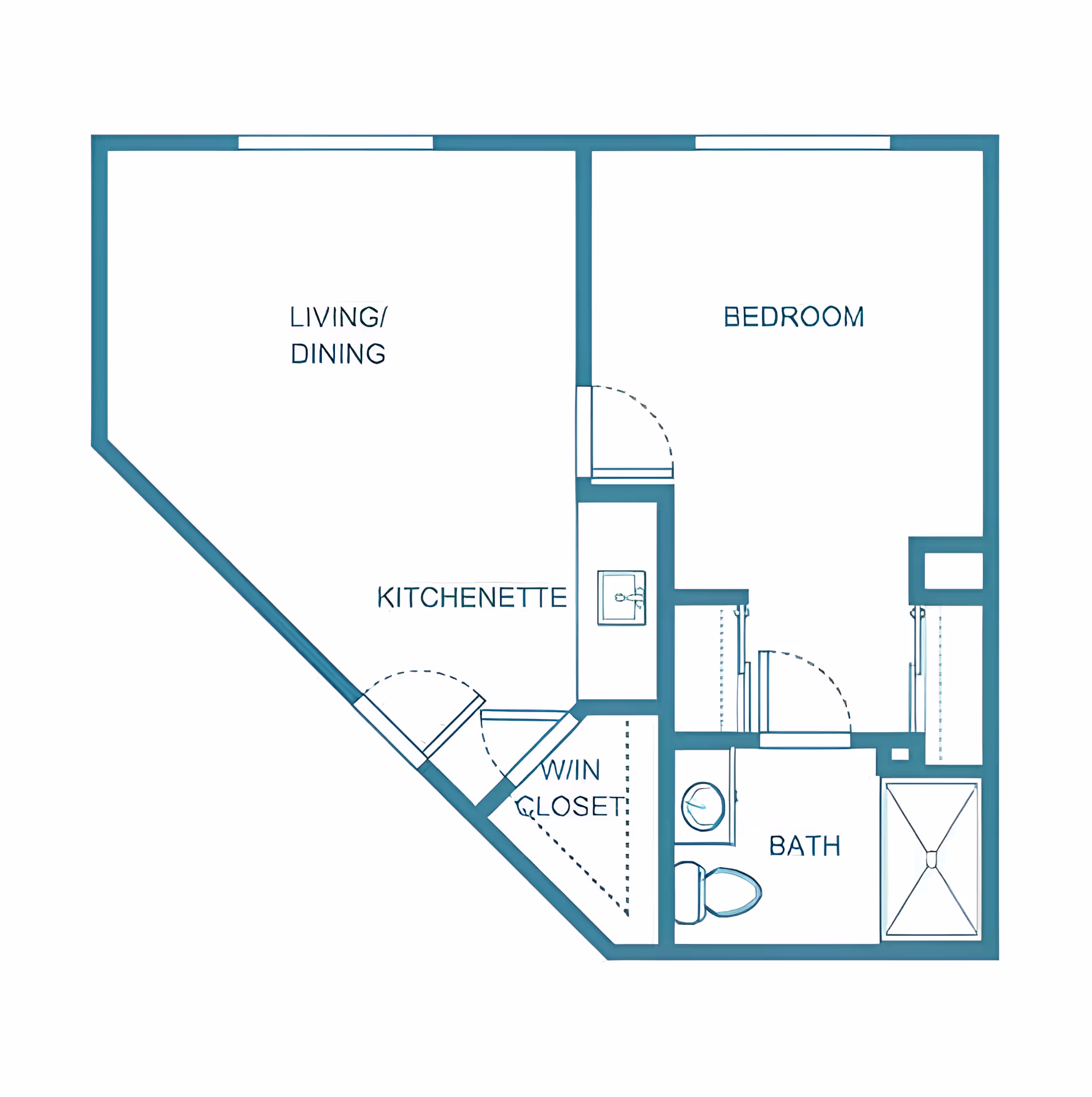 Floor plan of a one-bedroom apartment showing a living/dining area, kitchenette, bedroom, walk-in closet, and bathroom.