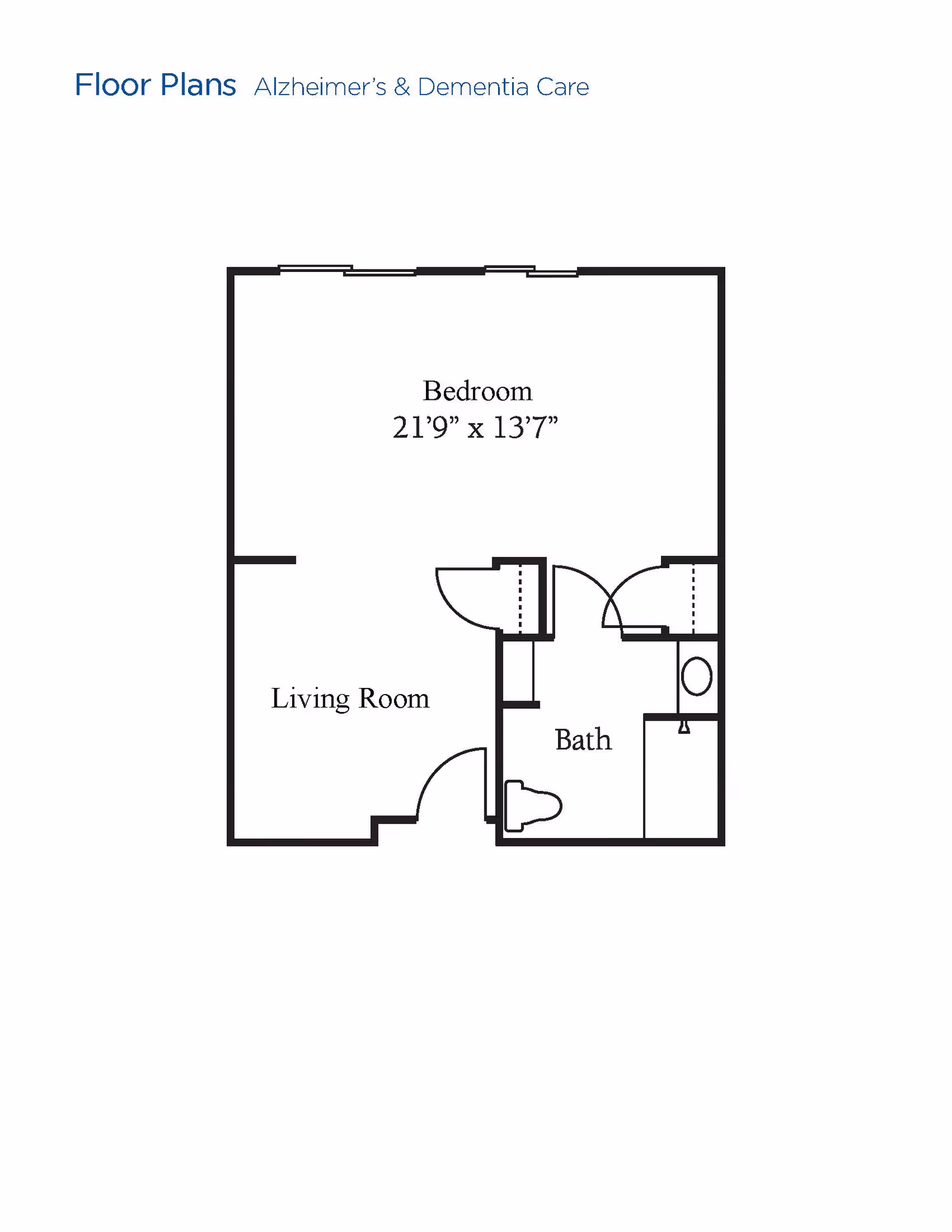 Floor plan layout for Alzheimer's and Dementia Care showing a bedroom measuring 21 feet 9 inches by 13 feet 7 inches, a living room, and a bathroom with a toilet and shower.