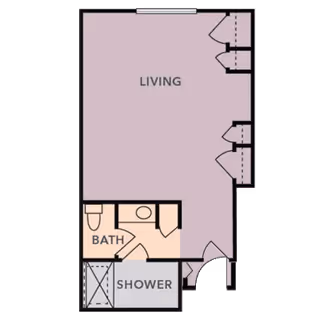 Floor plan of a small living space showing a living area, a bathroom with a toilet and sink, and a separate shower area.