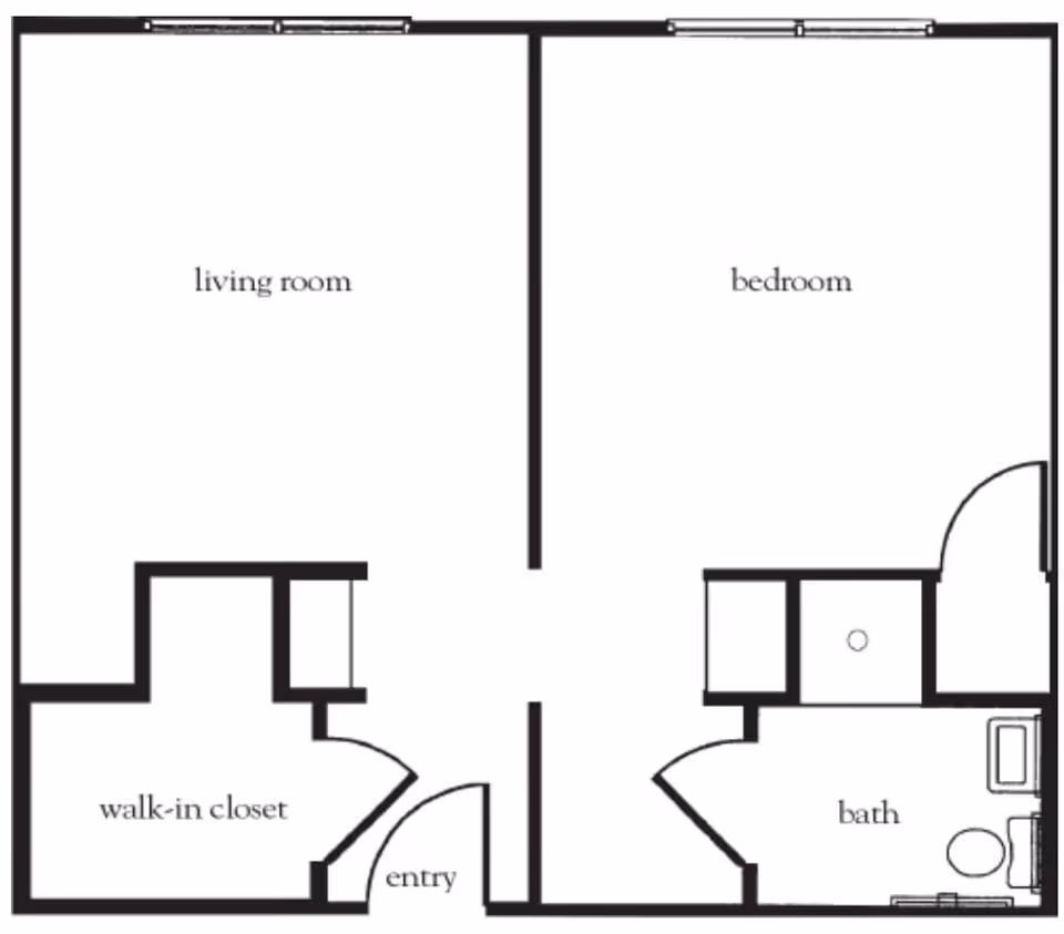 Floor plan layout showing a living room, bedroom, walk-in closet, entry, and bathroom.