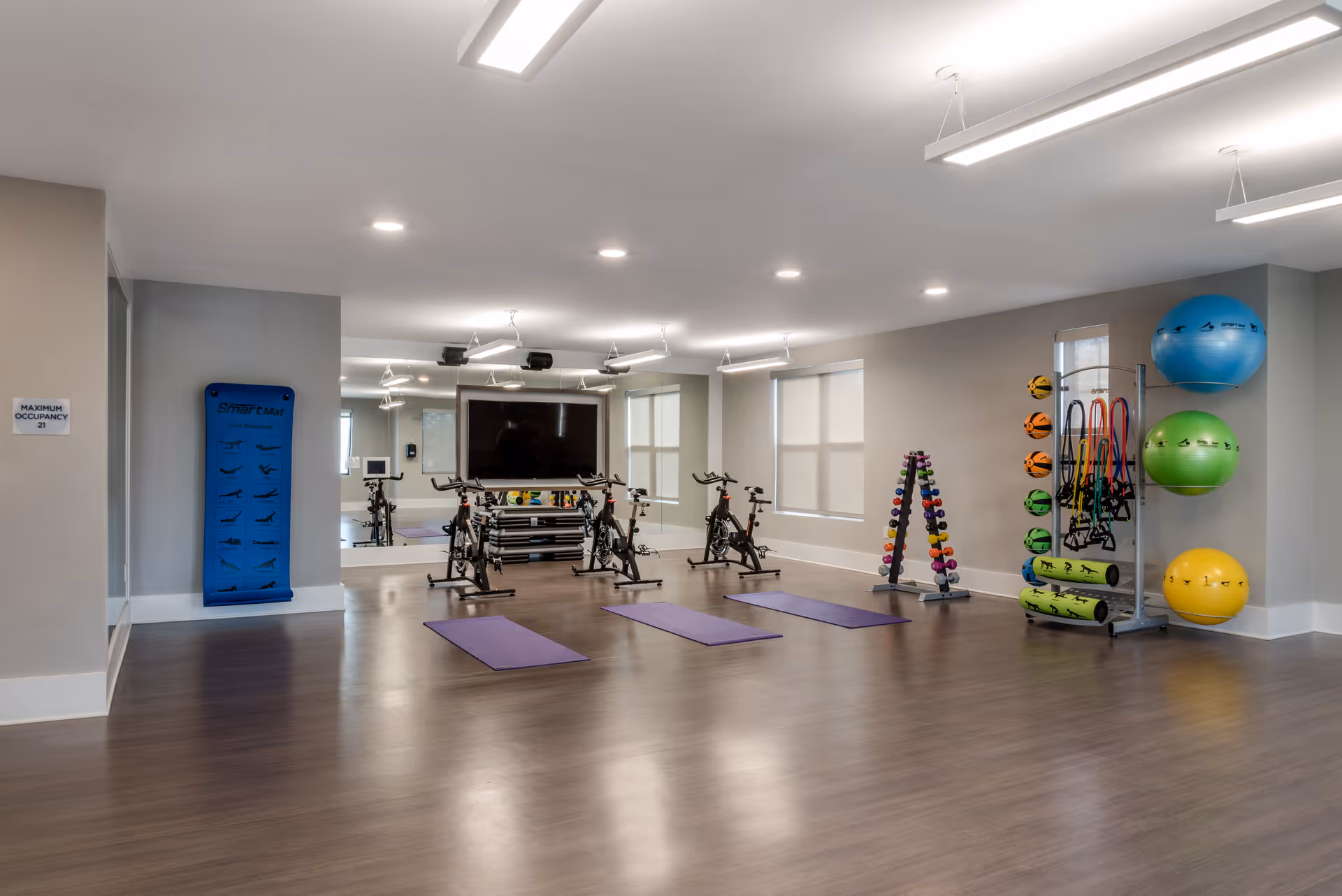 Bright fitness studio with stationary bikes, three purple yoga mats, a rack of dumbbells and resistance bands, and colorful stability balls against a mirrored wall and TV.
