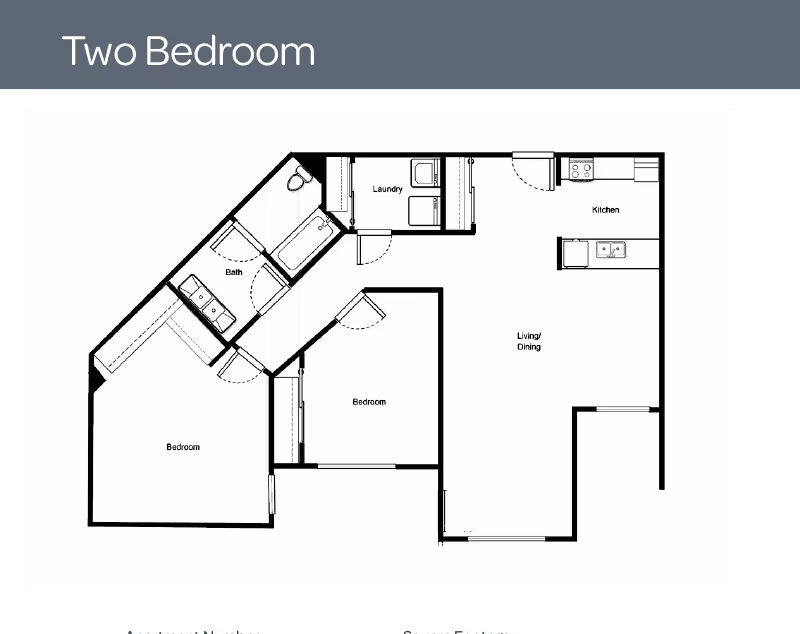Architectural floor plan of a two-bedroom apartment featuring a kitchen, living/dining area, laundry room, bathroom, and two bedrooms.