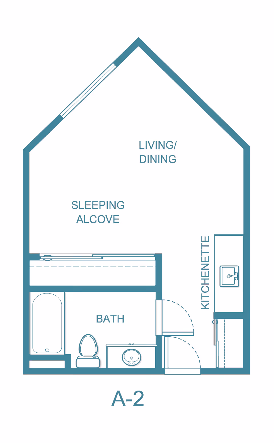 Floor plan layout of a senior living unit labeled A-2, featuring a living/dining area, sleeping alcove, kitchenette, and a bathroom with a bathtub, toilet, and sink.
