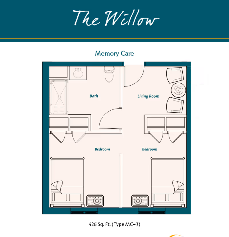 Floor plan titled 'The Willow' for a memory care unit showing a layout with a bath, living room, and two bedrooms. The bath includes a shower, sink, and toilet. The living room has two chairs and a small table. Each bedroom contains a bed and a nightstand.