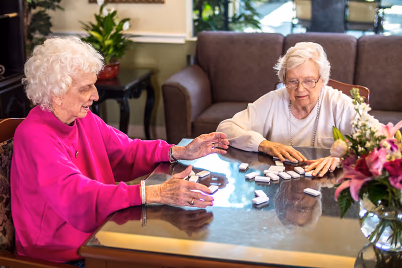 Two elderly women sitting at a glass table playing dominoes in a cozy living room with a brown sofa and a vase of flowers on the table.