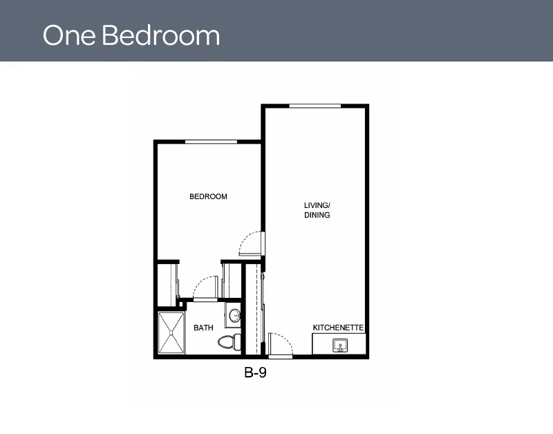Floor plan of a one-bedroom apartment labeled B-9, showing a bedroom, bath, living/dining area, and kitchenette.