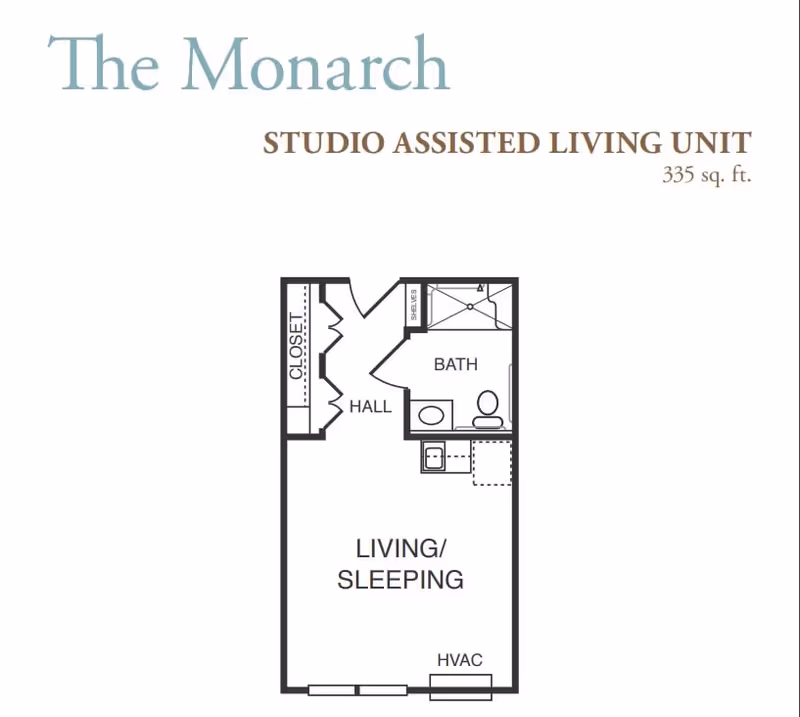 Floor plan titled 'The Monarch' for a 335 sq. ft. studio assisted living unit showing a living/sleeping area, hall with closet, bath, kitchenette, and HVAC.