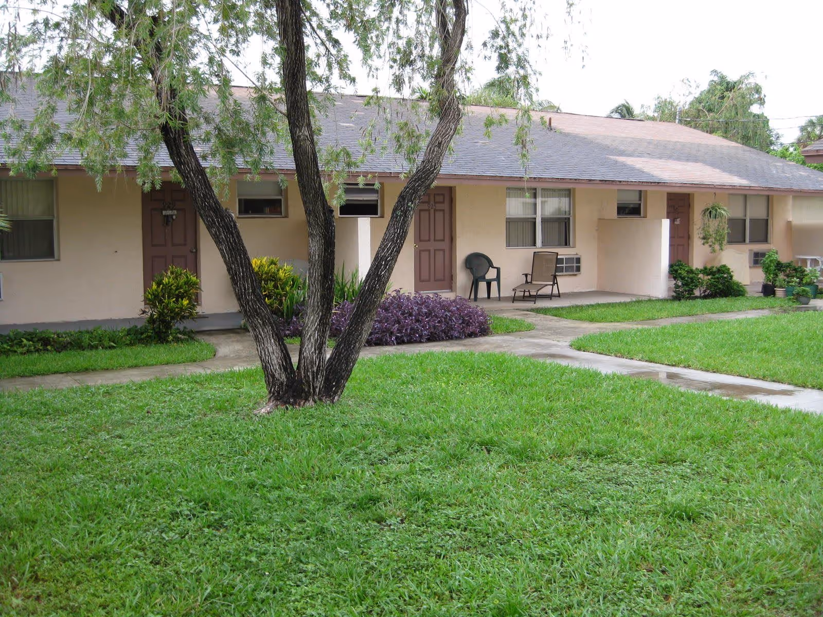 Outdoor view of a single-story residential building with beige walls and brown doors, surrounded by green grass and a tree in the foreground. There are chairs on the small patios outside the doors and some potted plants near the building.
