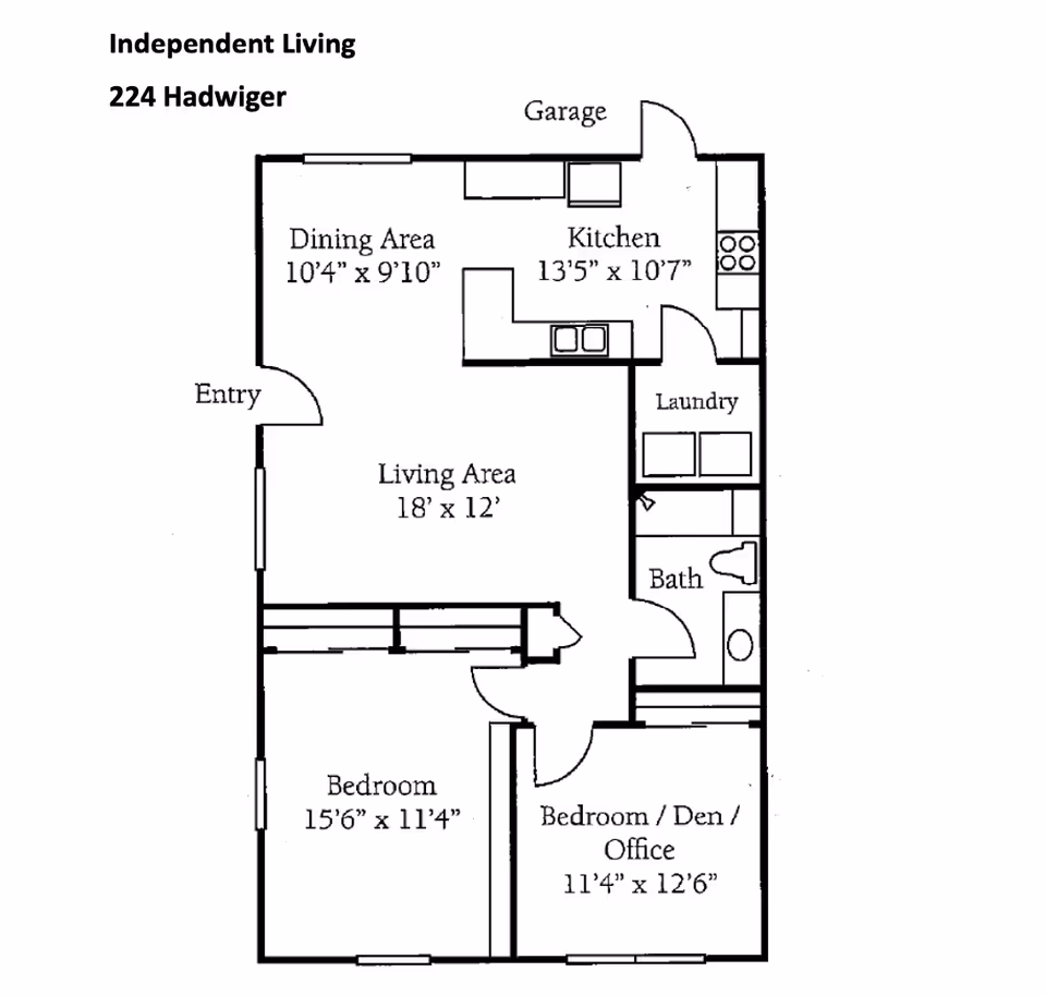 Floor plan of an independent living unit named 224 Hadwiger at Villagio of Bradford Village, showing a dining area, kitchen, living area, laundry, bathroom, bedroom, and a bedroom/den/office.