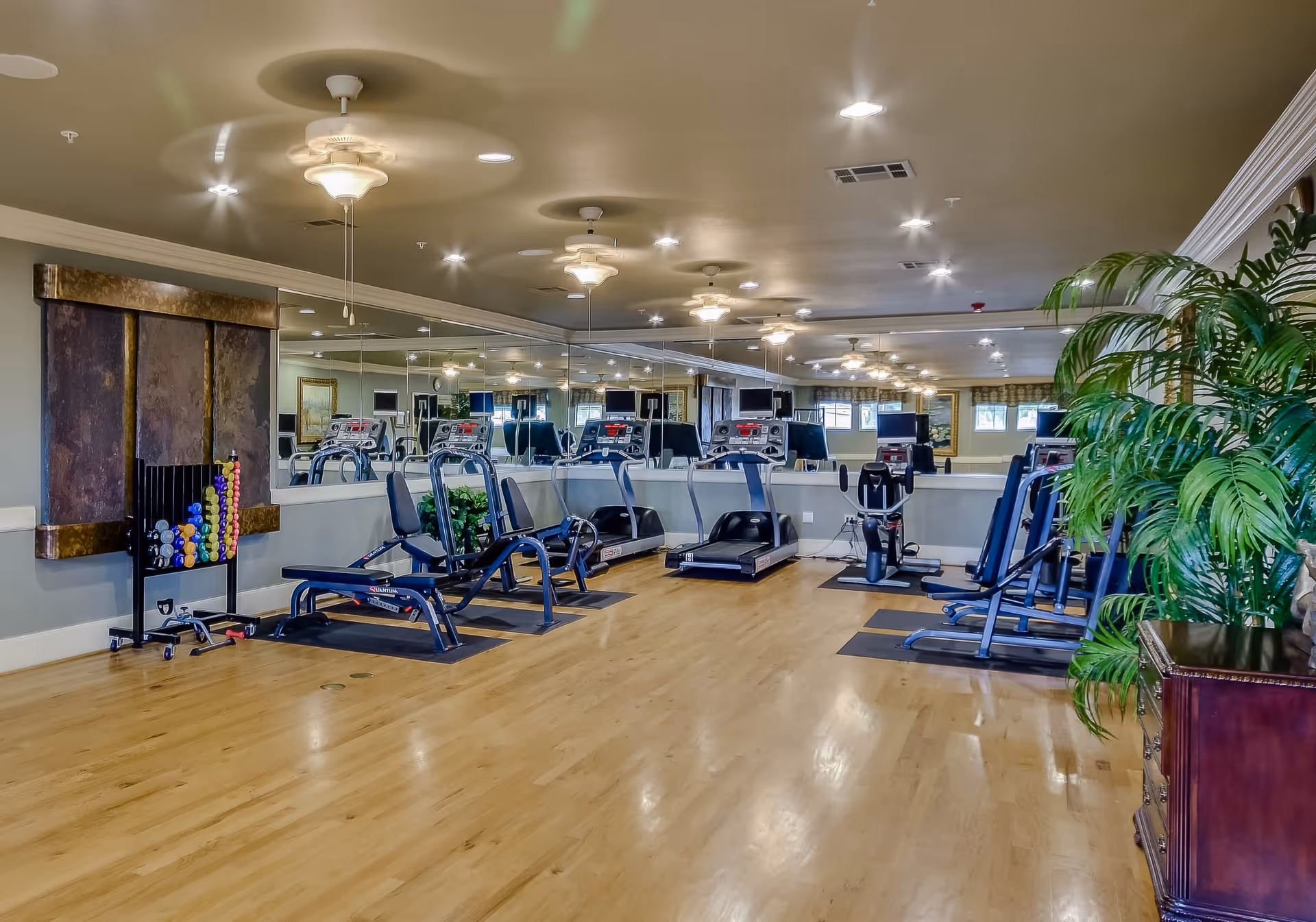 A fitness room with wooden flooring, several exercise machines including treadmills, stationary bikes, and weight benches. There is a rack of colorful dumbbells on the left side and large mirrors covering the back wall. Ceiling fans and recessed lighting illuminate the room, and a large green plant is visible on the right side.