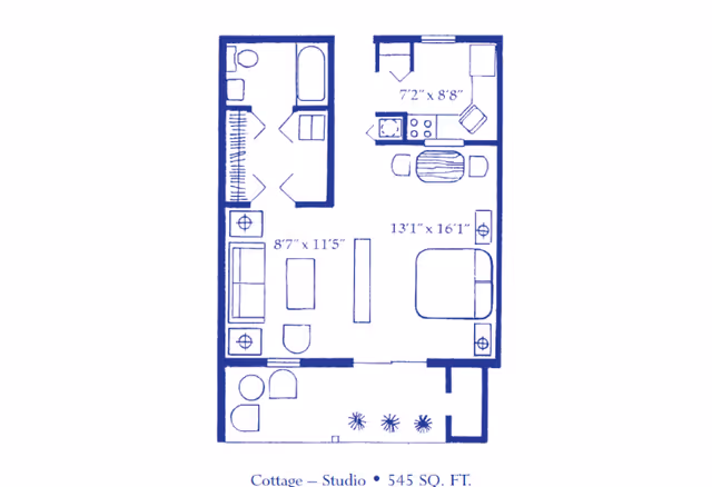 Blue floor plan of a 545 sq. ft. studio cottage showing a combined living/bedroom, kitchenette, bathroom, closet, and small patio.
